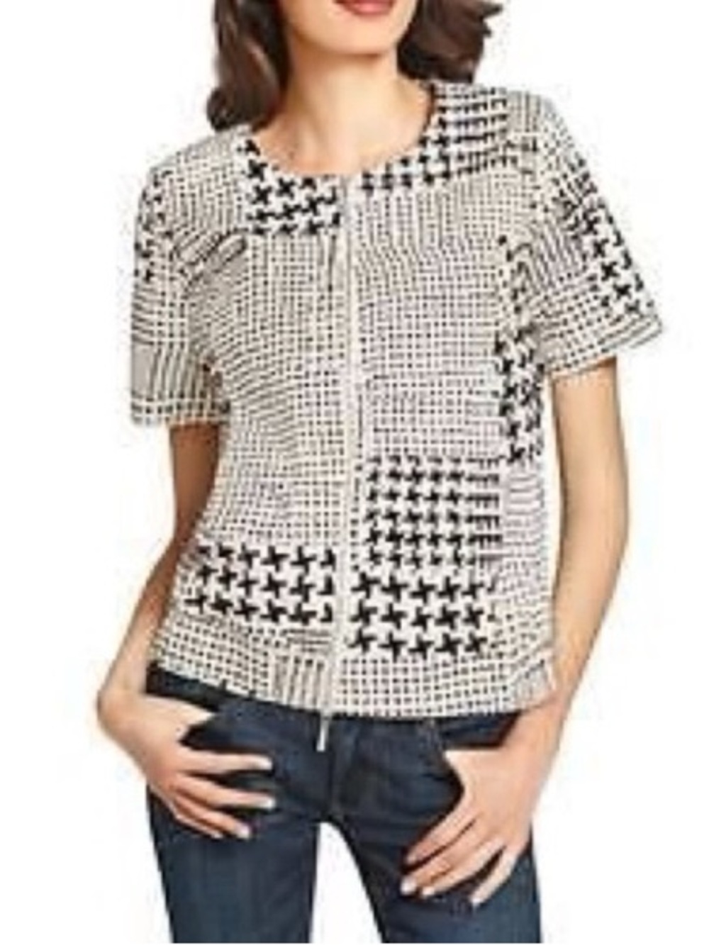 CAbi Patterned Short-Sleeve Zip Front Jacket